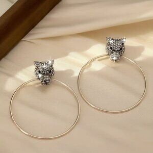 Rose Gold Leopard Lion Head CZ Diamond Chic Regal Streetwear Hoop Earrings NEW